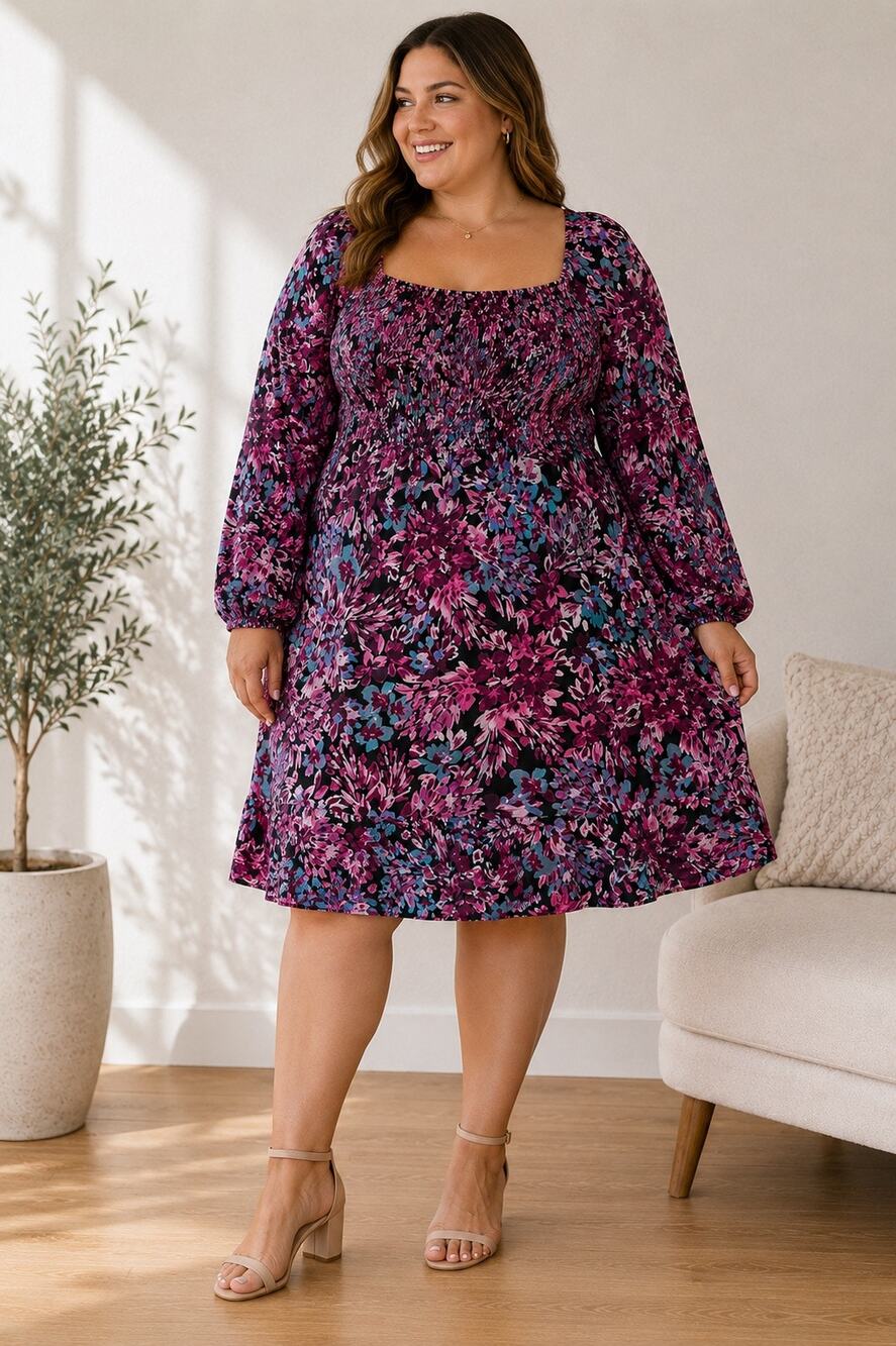 Nanette Lepore Floral Smocked Dress Size 16 Long Sleeve